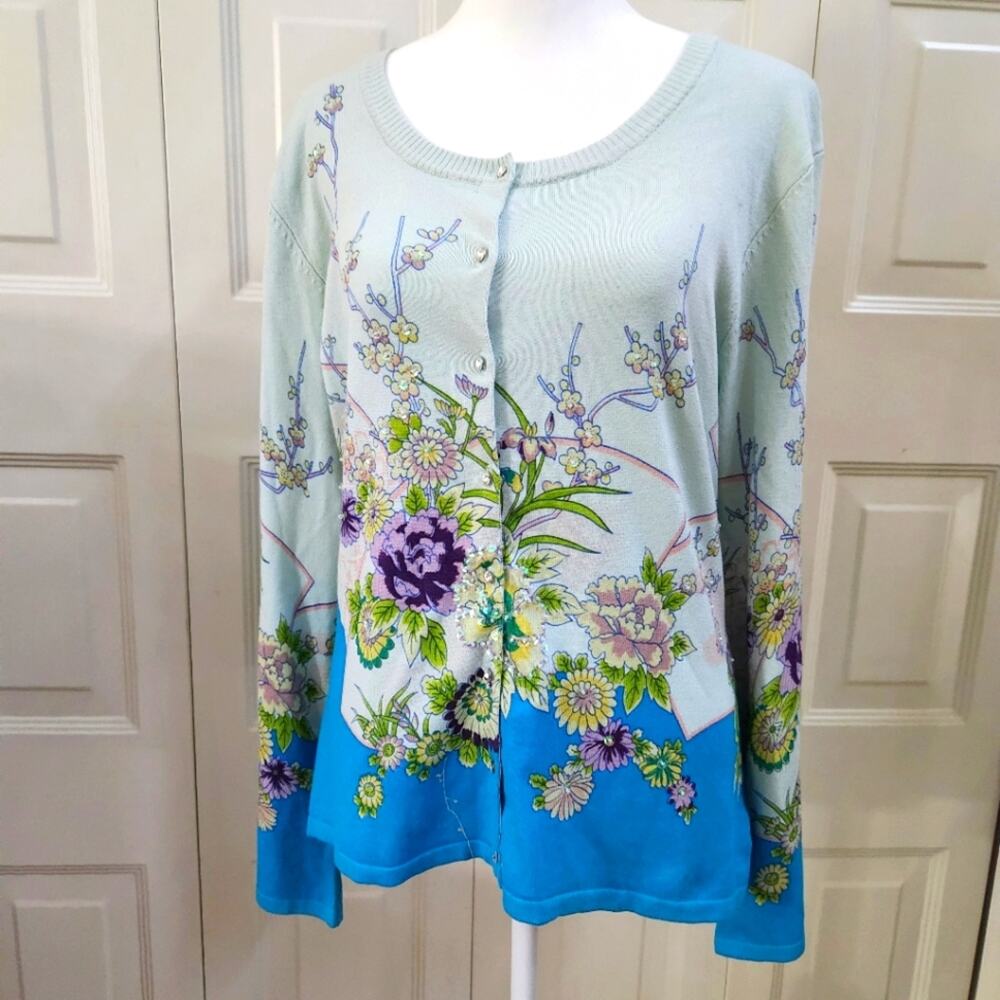 New Cut Cute Swarovski Silk Cotton Women's Floral Spring Sweater Cardigan Large
